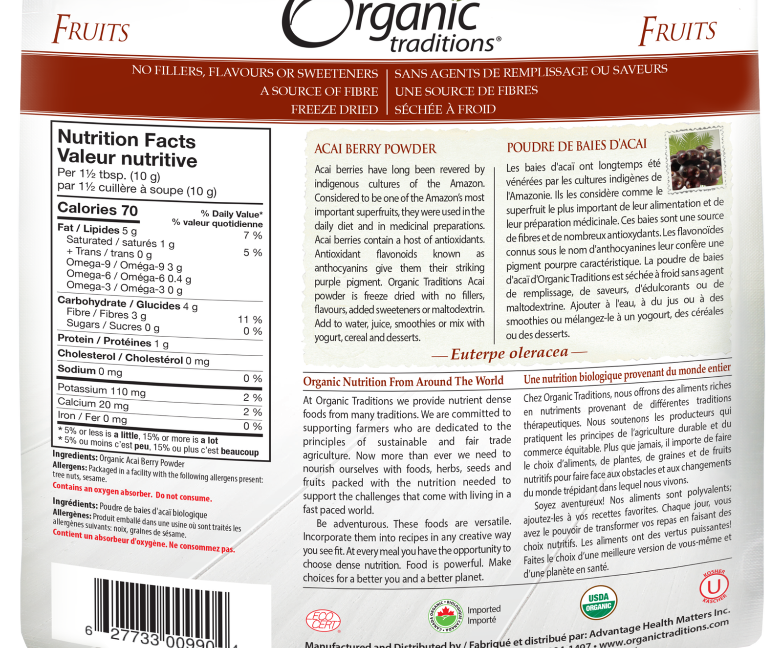 Organic Traditions Acai Berry Powder Cold Dried - JoyVIVA -  