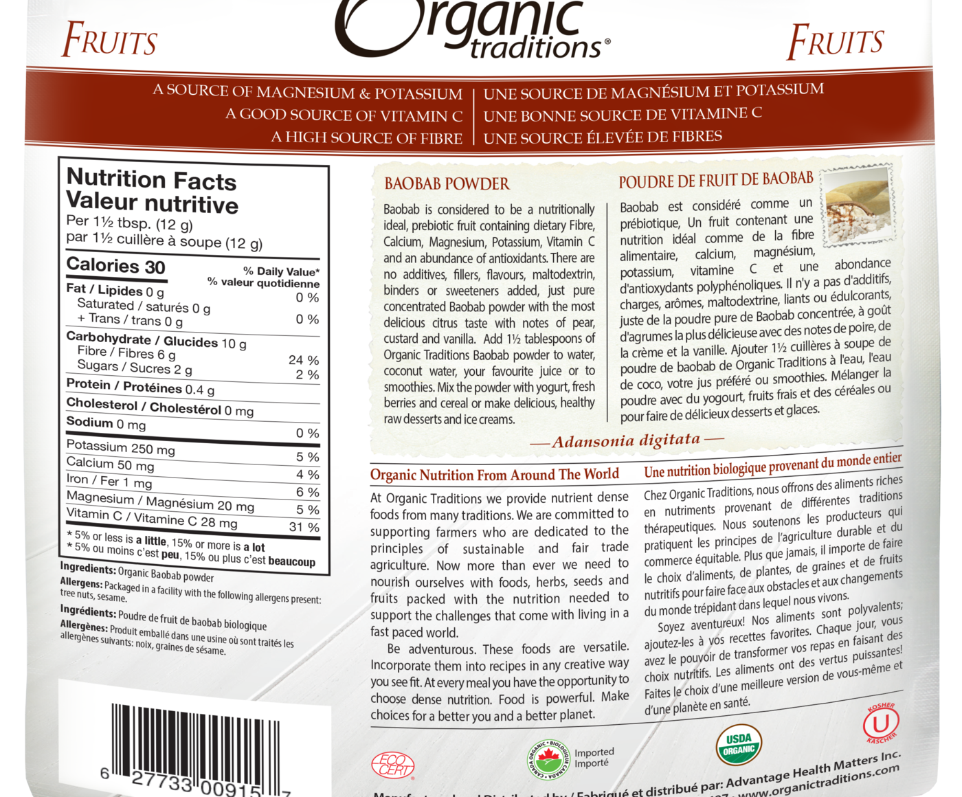 Organic Traditions Baobab Fruit Powder - JoyVIVA -  