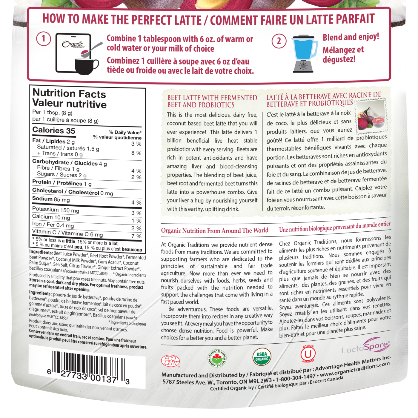 Organic Traditions Beet Latte With Fermented Beets And Probiotics - JoyVIVA -  