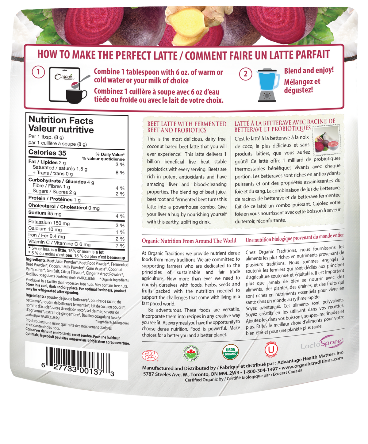 Organic Traditions Beet Latte With Fermented Beets And Probiotics - JoyVIVA -  