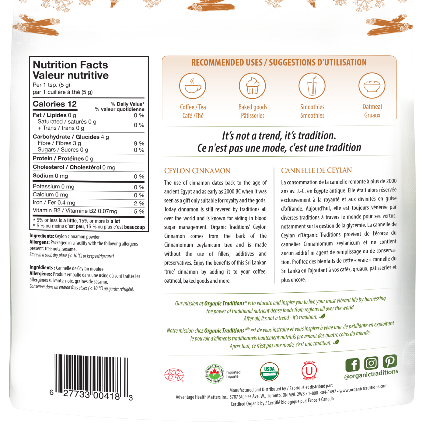 Organic Traditions Ceylon Cinnamon Powder - JoyVIVA -  