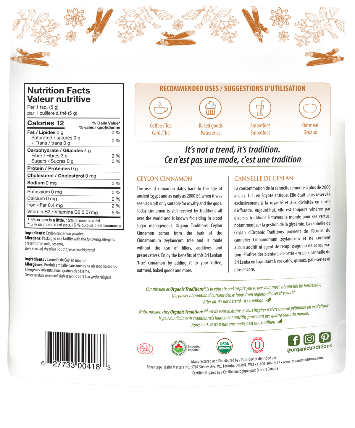 Organic Traditions Ceylon Cinnamon Powder - JoyVIVA -  