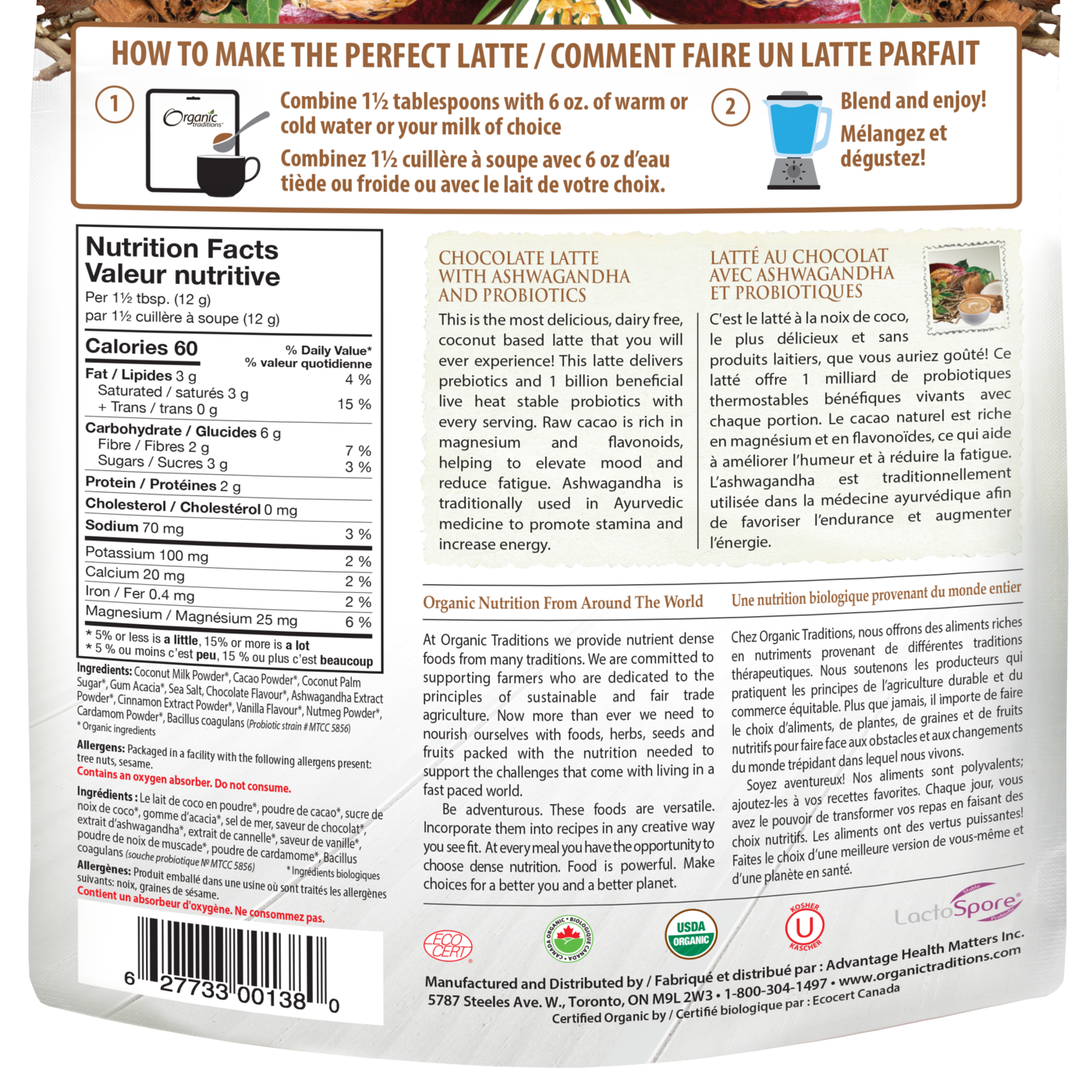 Organic Traditions Chocolate Latte with Ashwagandha and Probiotics - JoyVIVA -  