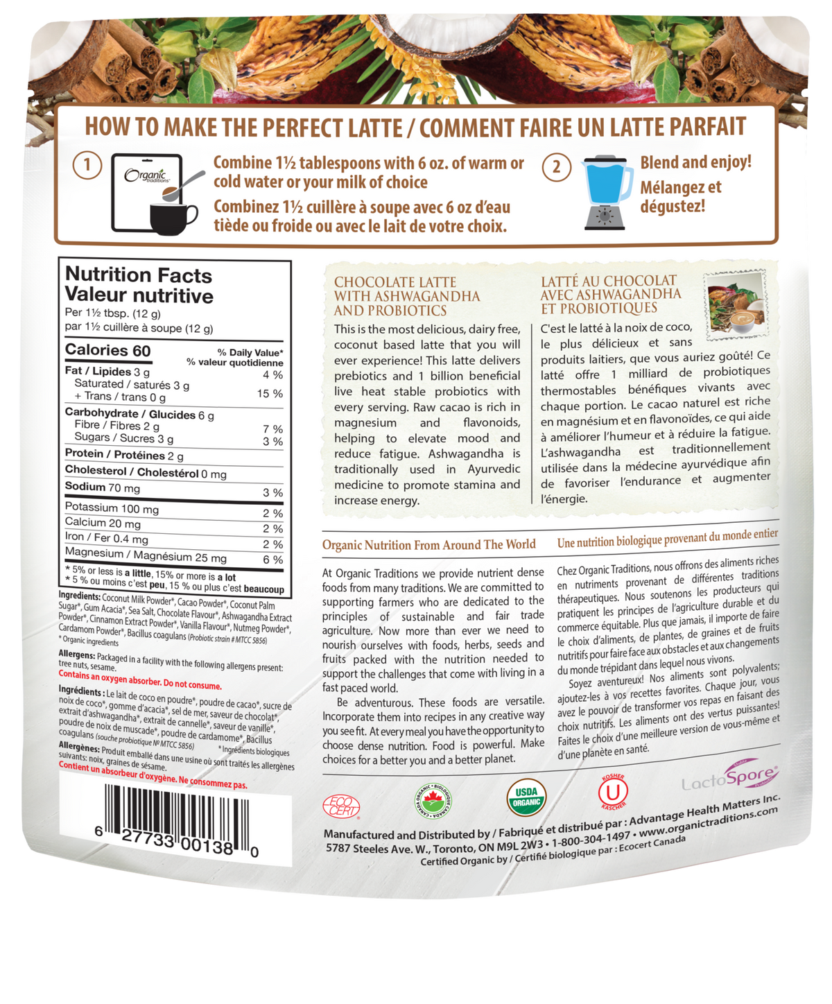 Organic Traditions Chocolate Latte with Ashwagandha and Probiotics - JoyVIVA -  