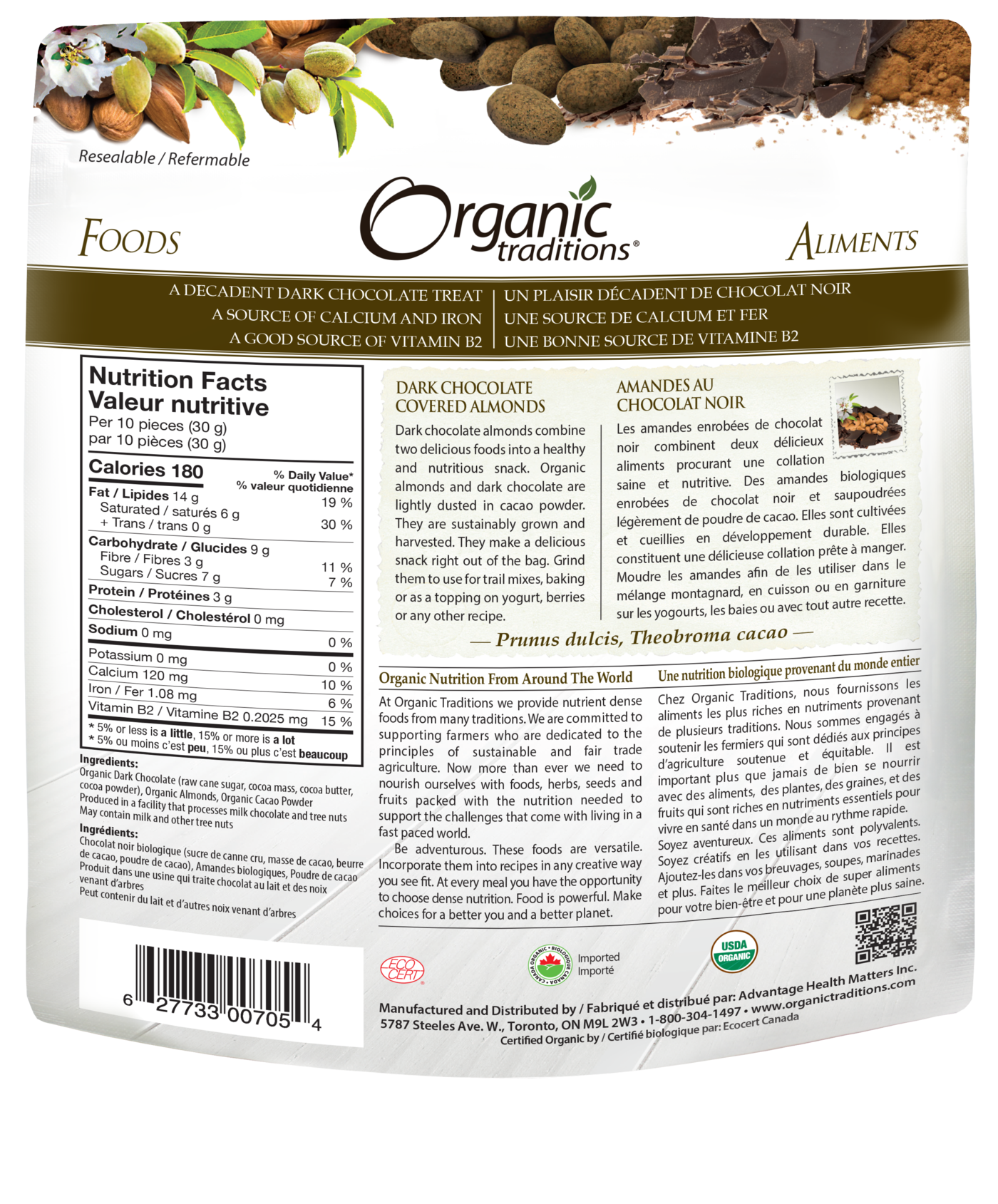 Organic Traditions Dark Chocolate Almonds - JoyVIVA -  