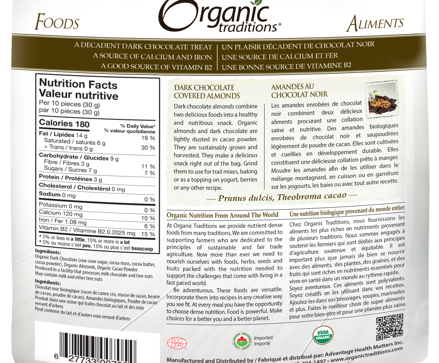 Organic Traditions Dark Chocolate Almonds - JoyVIVA -  
