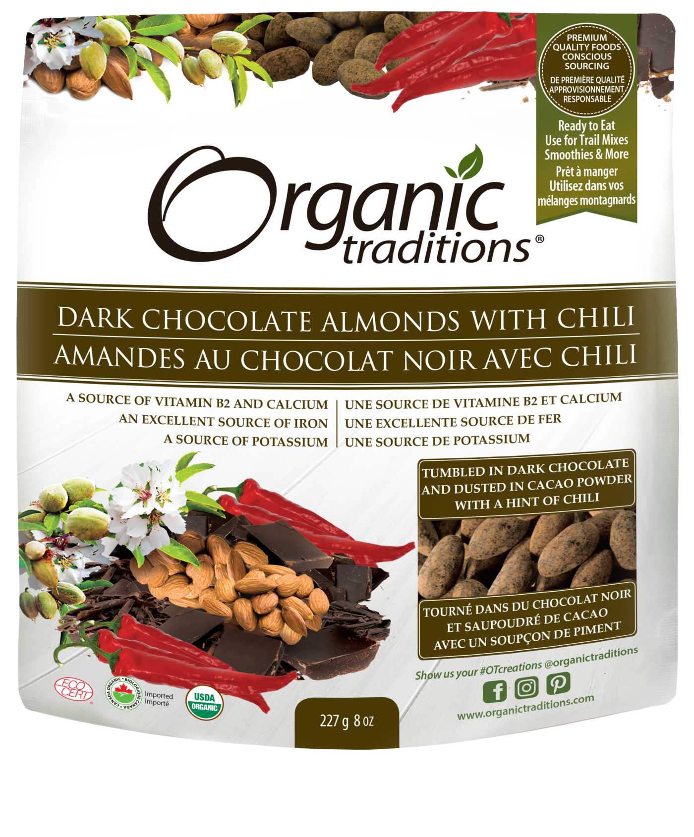 Organic Traditions Dark Chocolate Almonds With Chili - JoyVIVA -  