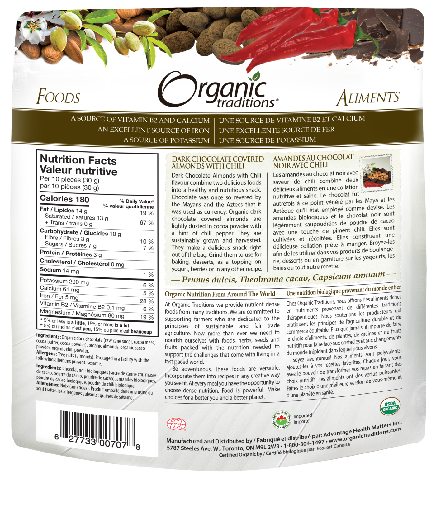 Organic Traditions Dark Chocolate Almonds With Chili - JoyVIVA -  