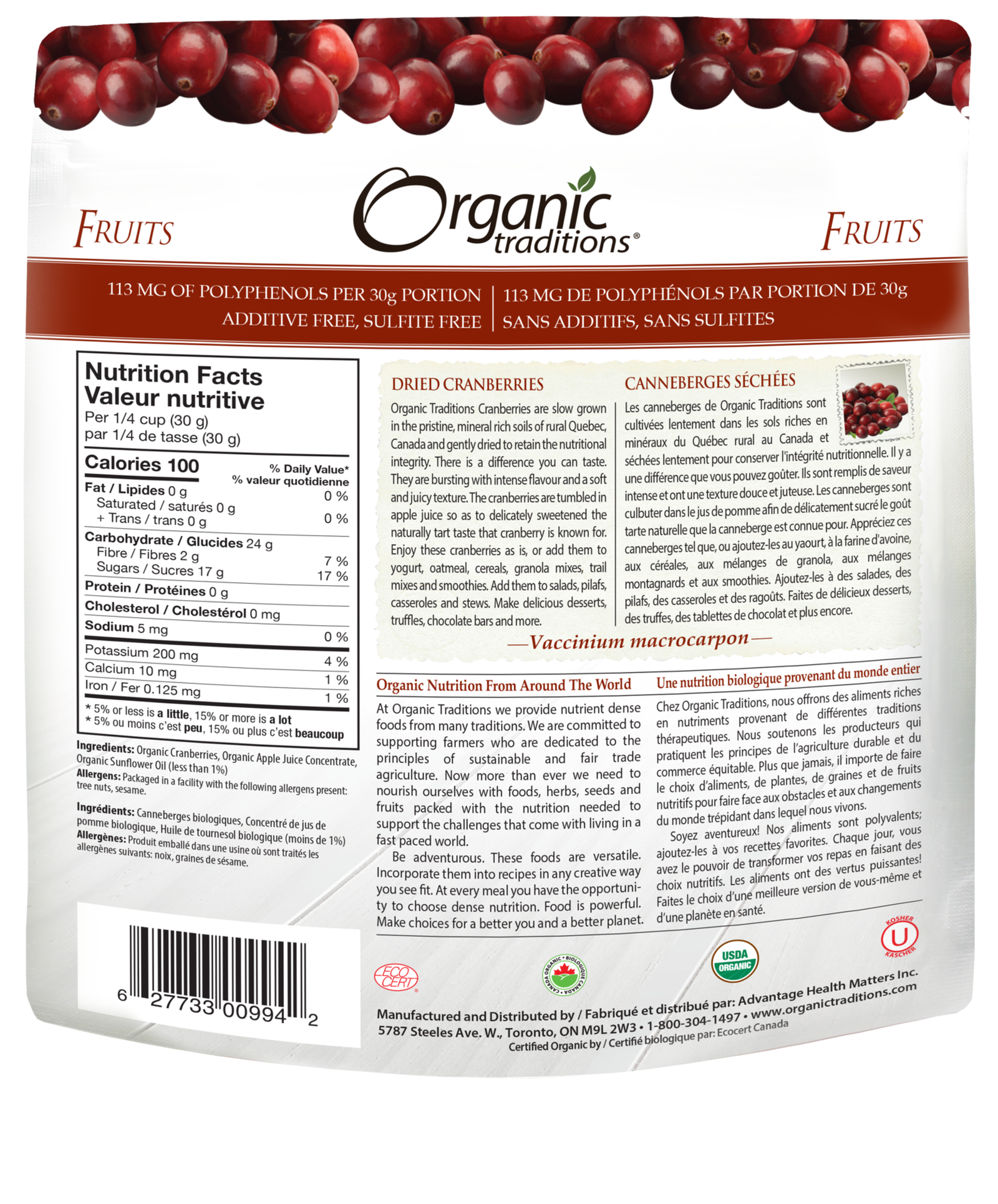 Organic Traditions Dried Cranberries - JoyVIVA -  