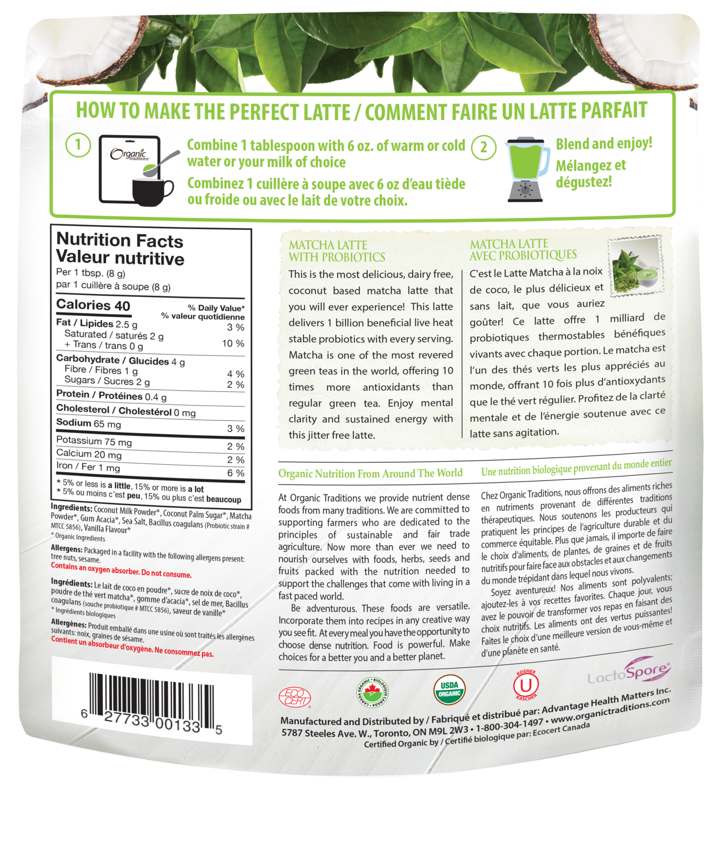 Organic Traditions Matcha Latte with Probiotics - JoyVIVA -  