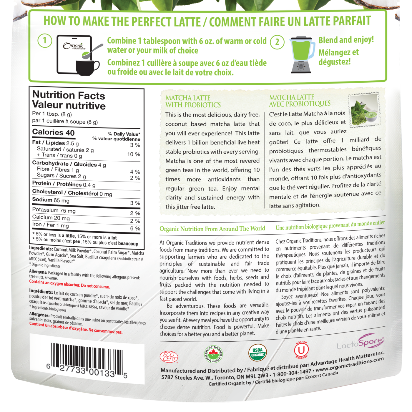 Organic Traditions Matcha Latte with Probiotics - JoyVIVA -  