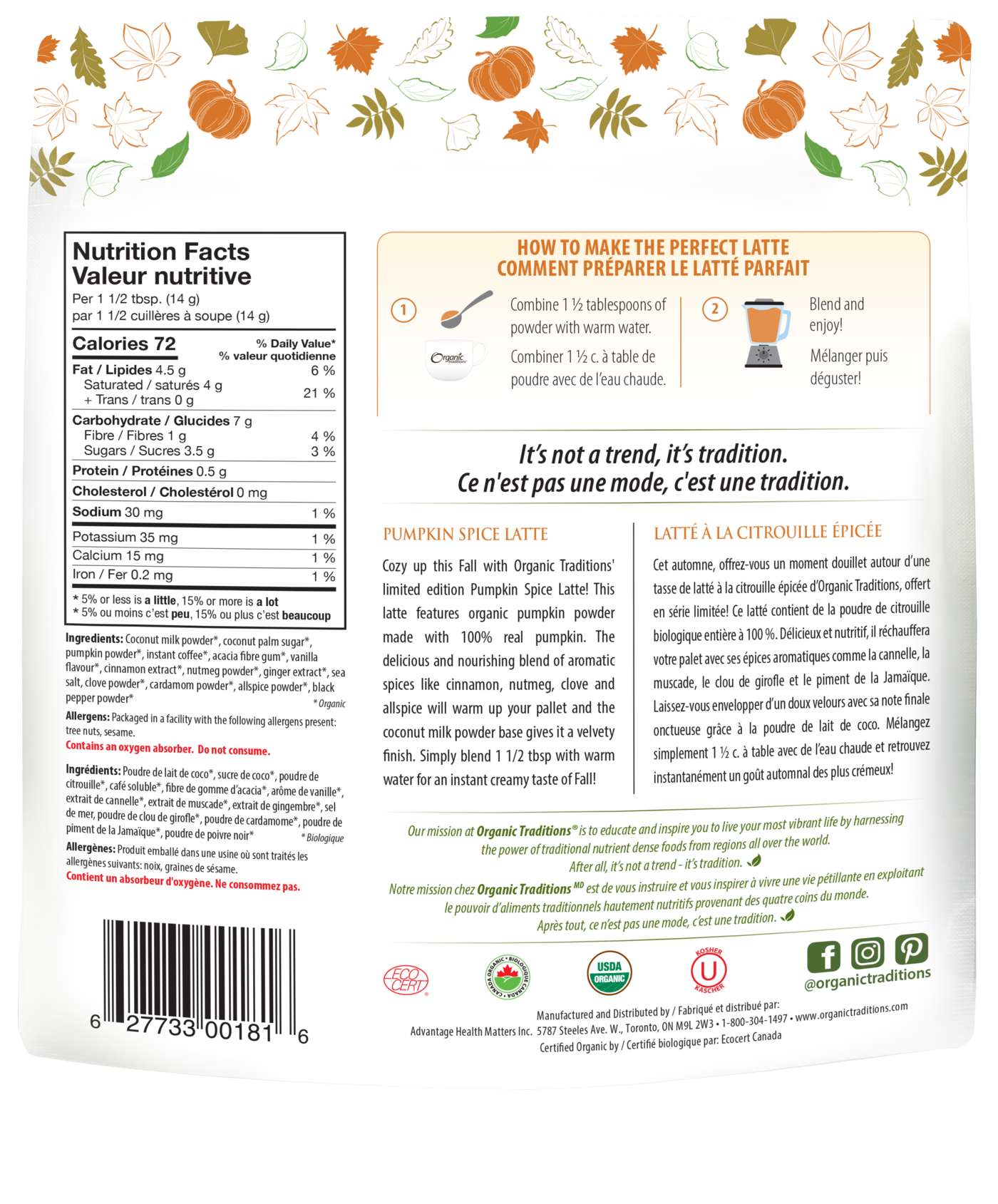 Organic Traditions Pumpkin Spice Latte - JoyVIVA -  