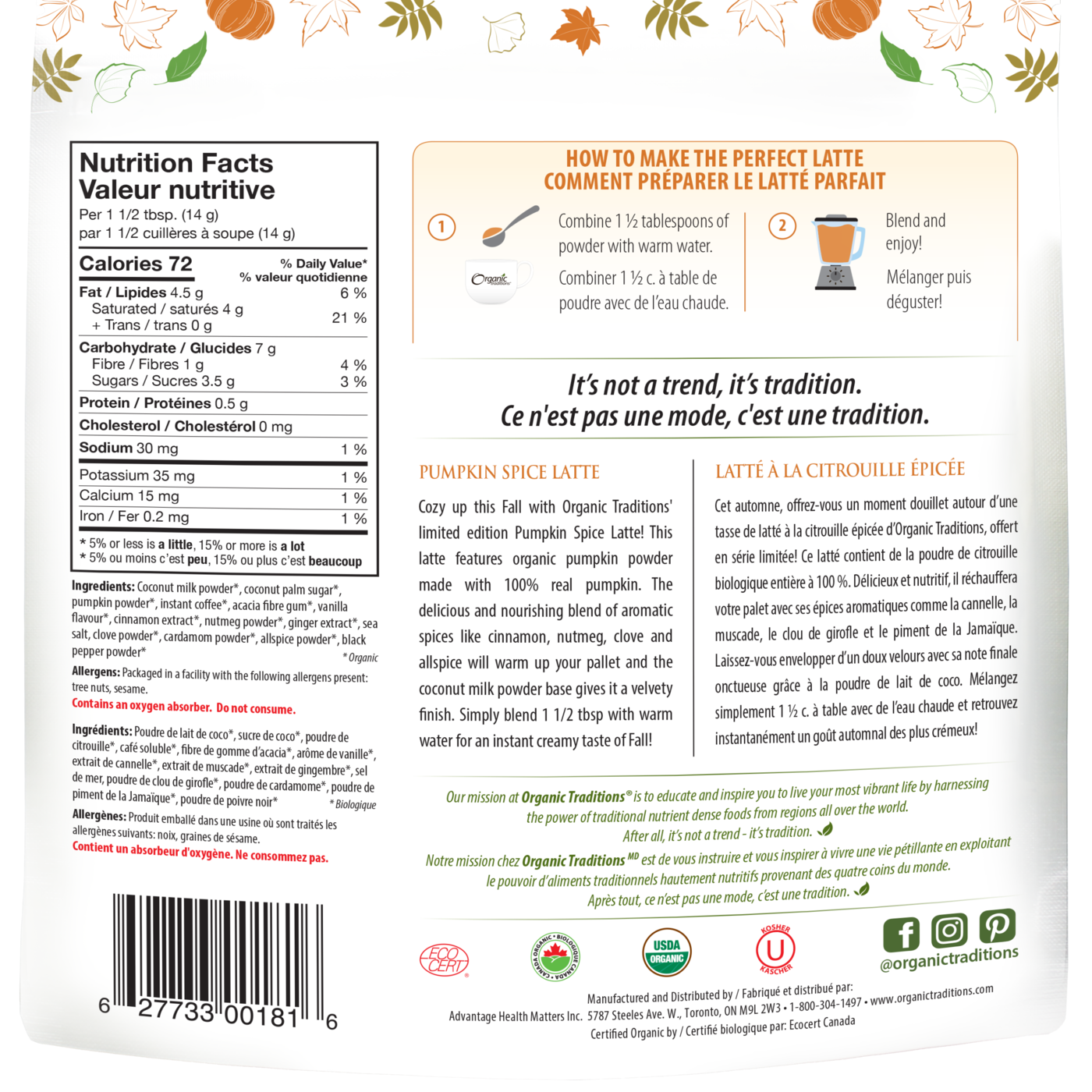 Organic Traditions Pumpkin Spice Latte - JoyVIVA -  