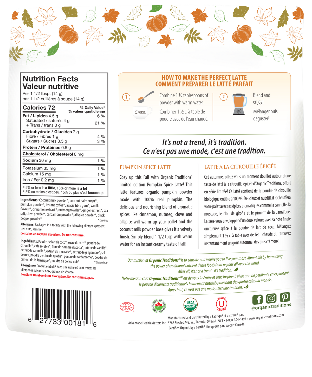 Organic Traditions Pumpkin Spice Latte - JoyVIVA -  