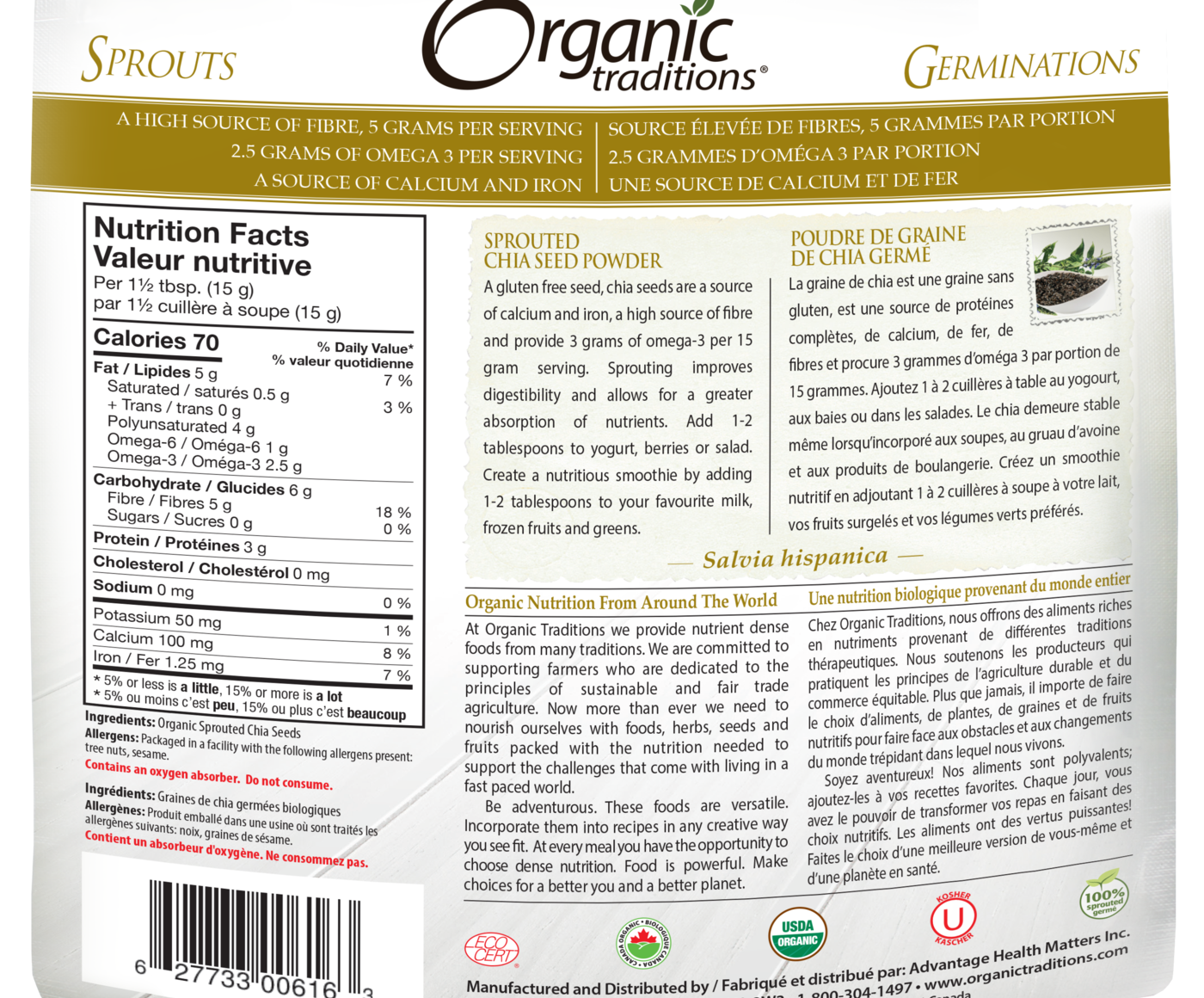 Organic Traditions Sprouted Chia Seed Powder - JoyVIVA -  