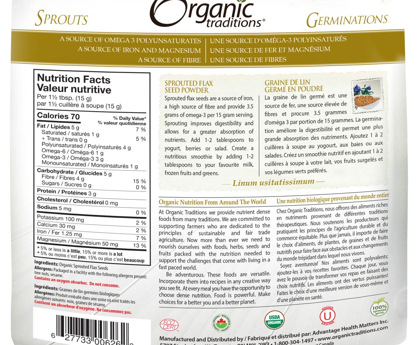 Organic Traditions Sprouted Flax Seed Powder - JoyVIVA -  