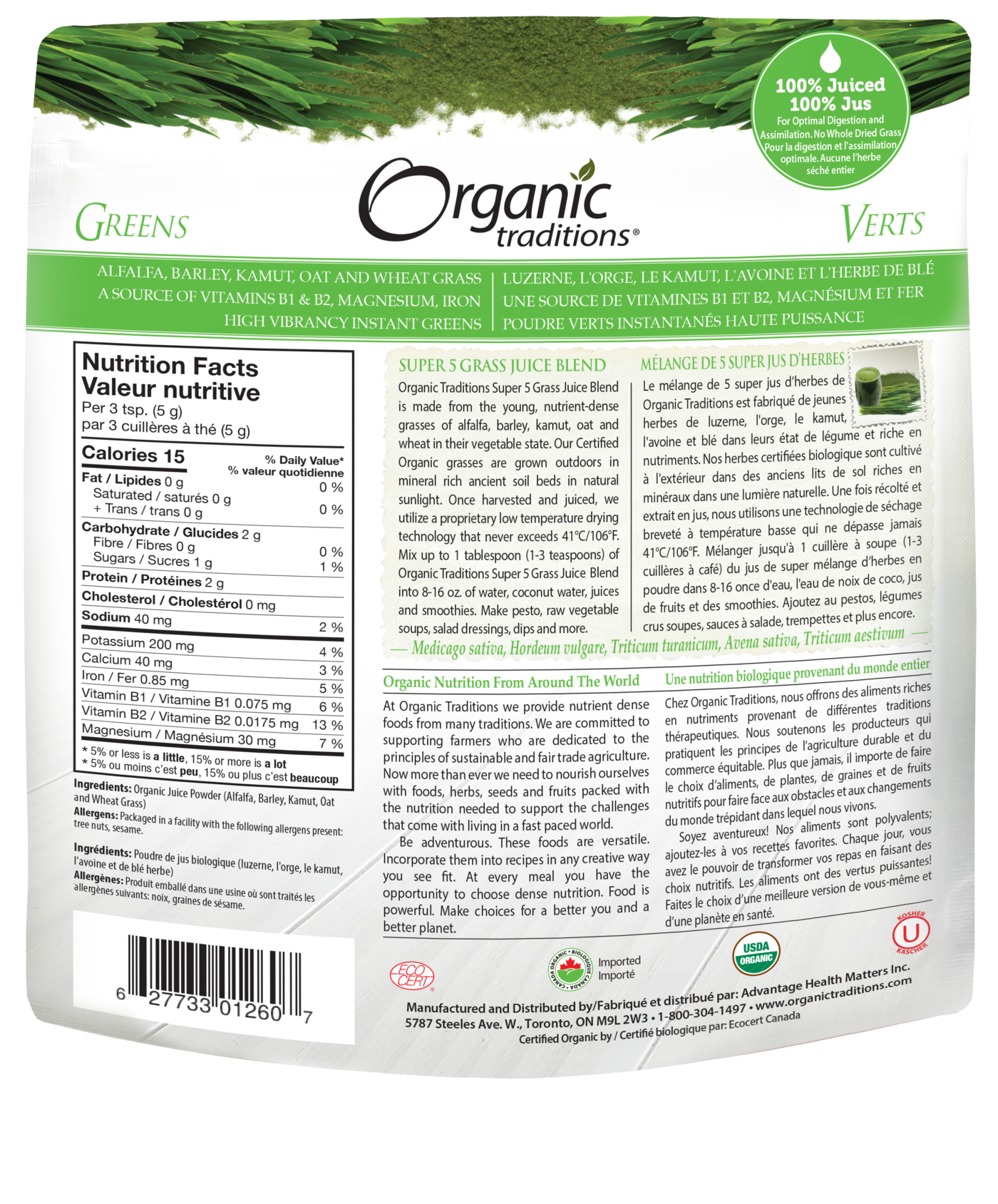 Organic Traditions Super 5 Grass Juice Blend - JoyVIVA -  