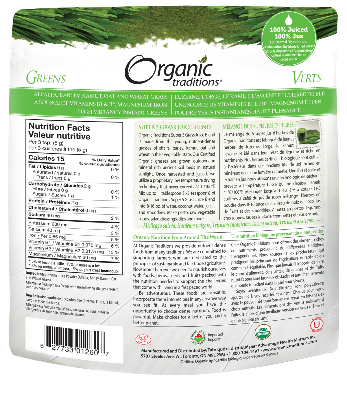 Organic Traditions Super 5 Grass Juice Blend - JoyVIVA -  