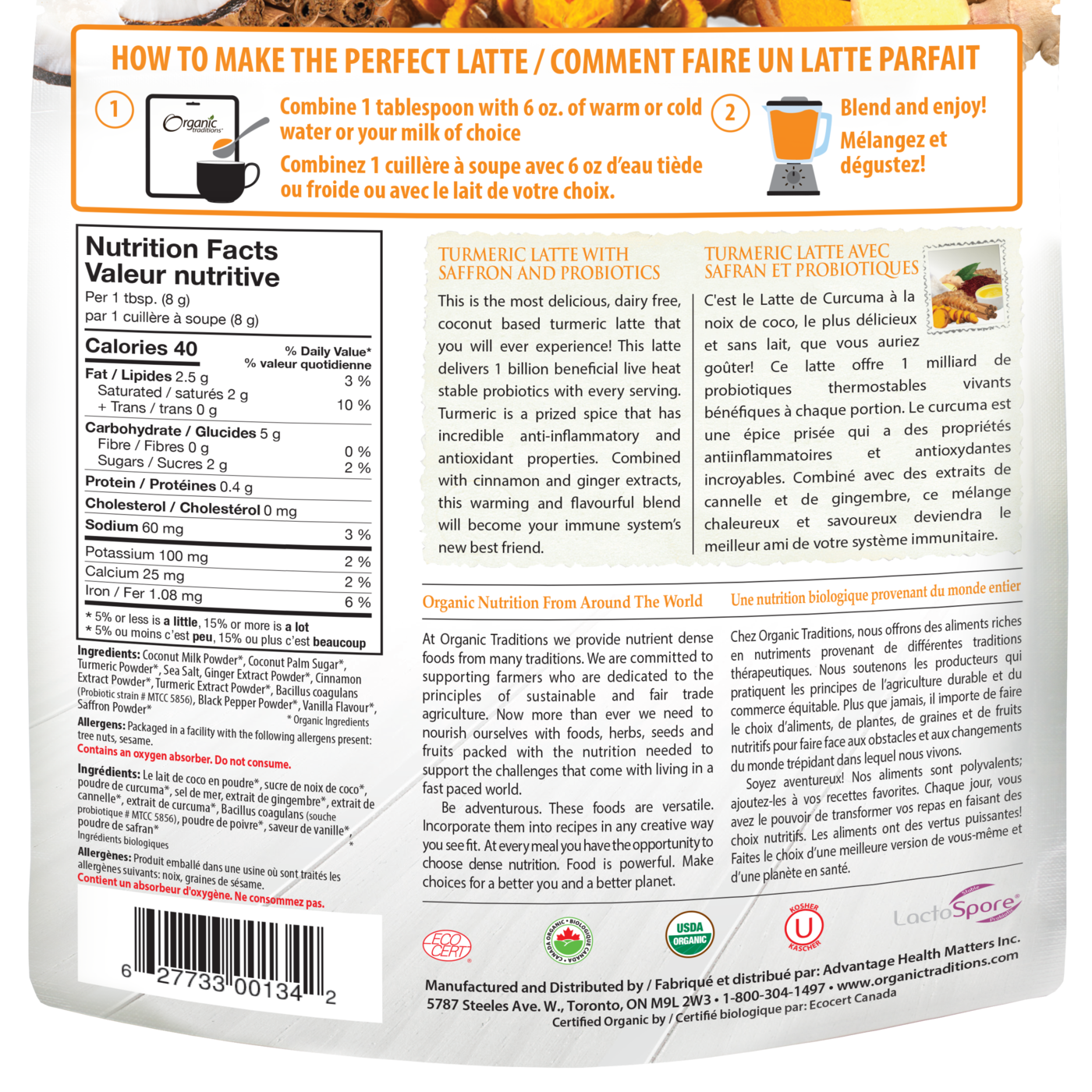 Organic Traditions Turmeric Latte with Probiotics and Saffron - JoyVIVA -  