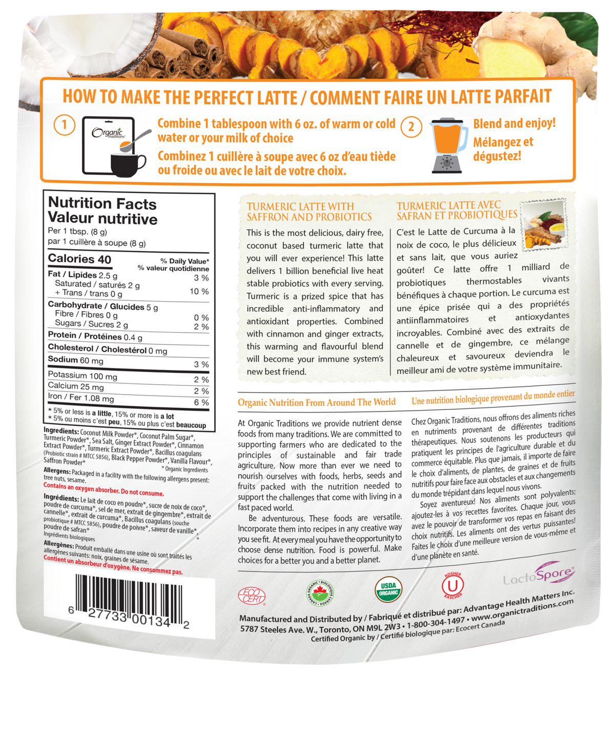 Organic Traditions Turmeric Latte with Probiotics and Saffron - JoyVIVA -  