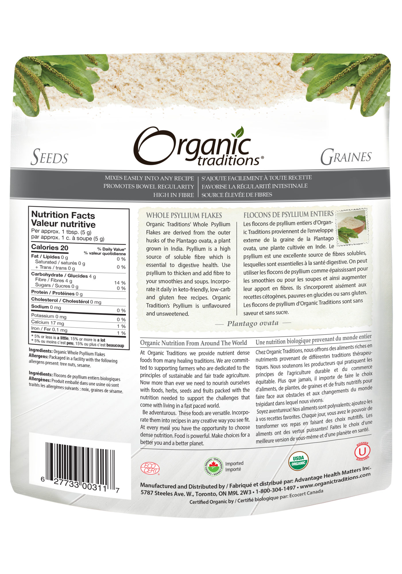 Organic Traditions Whole Psyllium Flakes - JoyVIVA -  