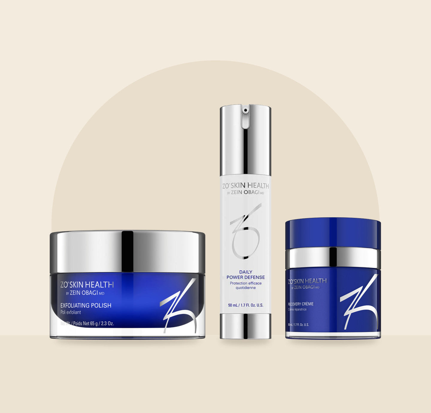 ZO Skin Health Exfoliating Polish, Daily Power Defense and Recovery Crème on a cream background